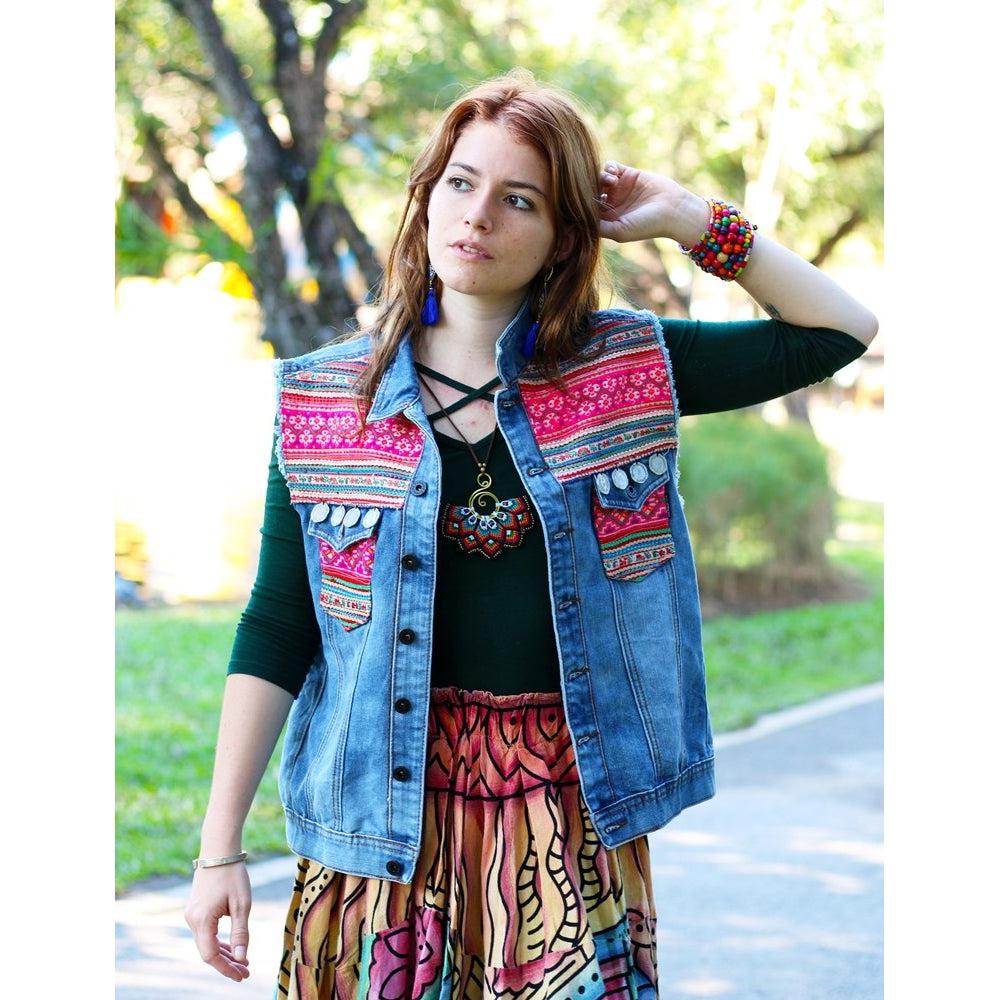 One of Kind Demin Embroidered Vest with Upcycled Hmong Fabrics - Thailand Apparel La Vie Bien One of Kind Demin Embroidered Vest with Upcycled Hmong Fabrics - Thailand