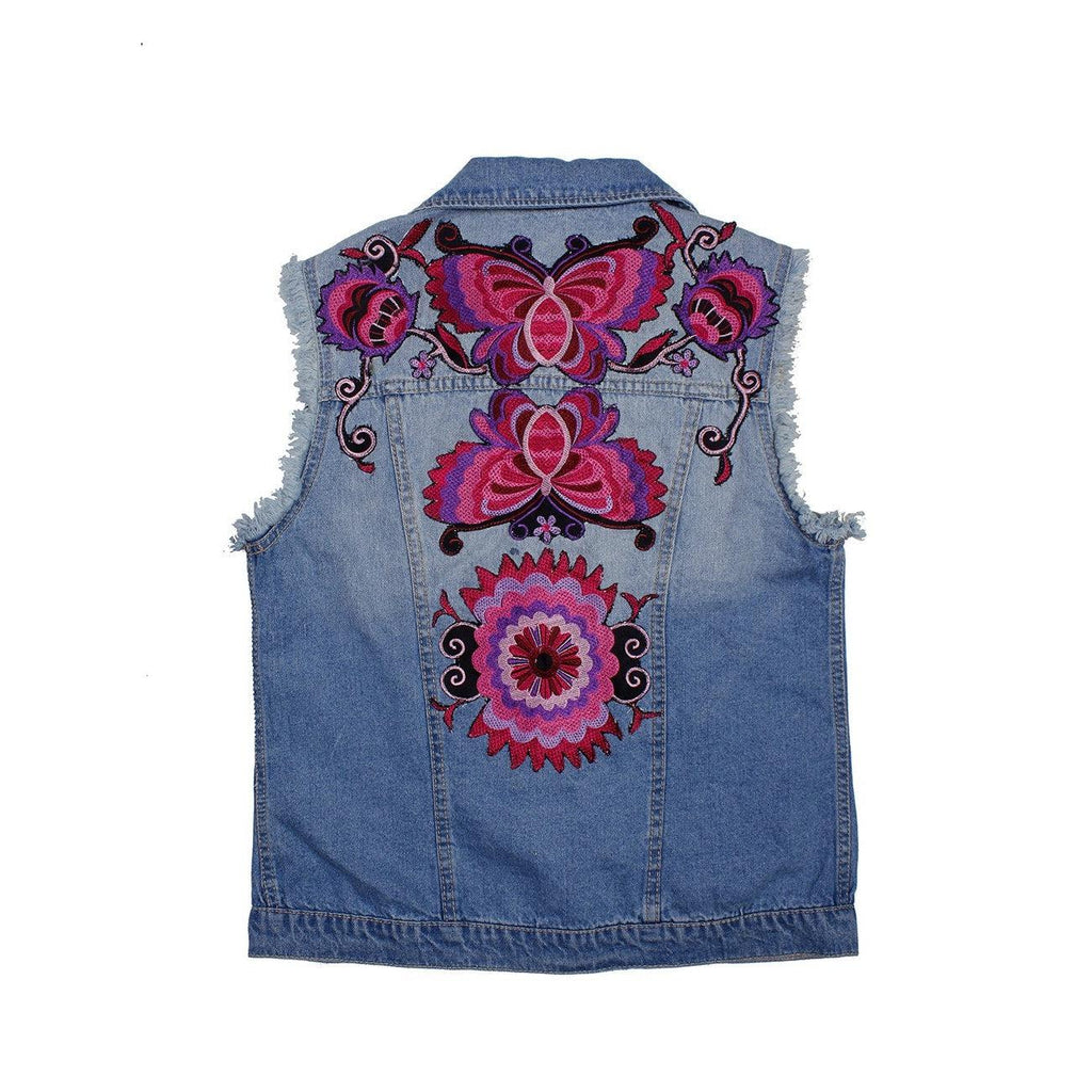 One of Kind Demin Embroidered Vest with Upcycled Hmong Fabrics - Thailand Apparel La Vie Bien One of Kind Demin Embroidered Vest with Upcycled Hmong Fabrics - Thailand