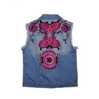 One of Kind Demin Embroidered Vest with Upcycled Hmong Fabrics - Thailand Apparel La Vie Bien One of Kind Demin Embroidered Vest with Upcycled Hmong Fabrics - Thailand
