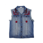 One of Kind Demin Embroidered Vest with Upcycled Hmong Fabrics - Thailand Apparel La Vie Bien One of Kind Demin Embroidered Vest with Upcycled Hmong Fabrics - Thailand