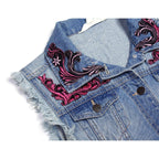 One of Kind Demin Embroidered Vest with Upcycled Hmong Fabrics - Thailand Apparel La Vie Bien One of Kind Demin Embroidered Vest with Upcycled Hmong Fabrics - Thailand