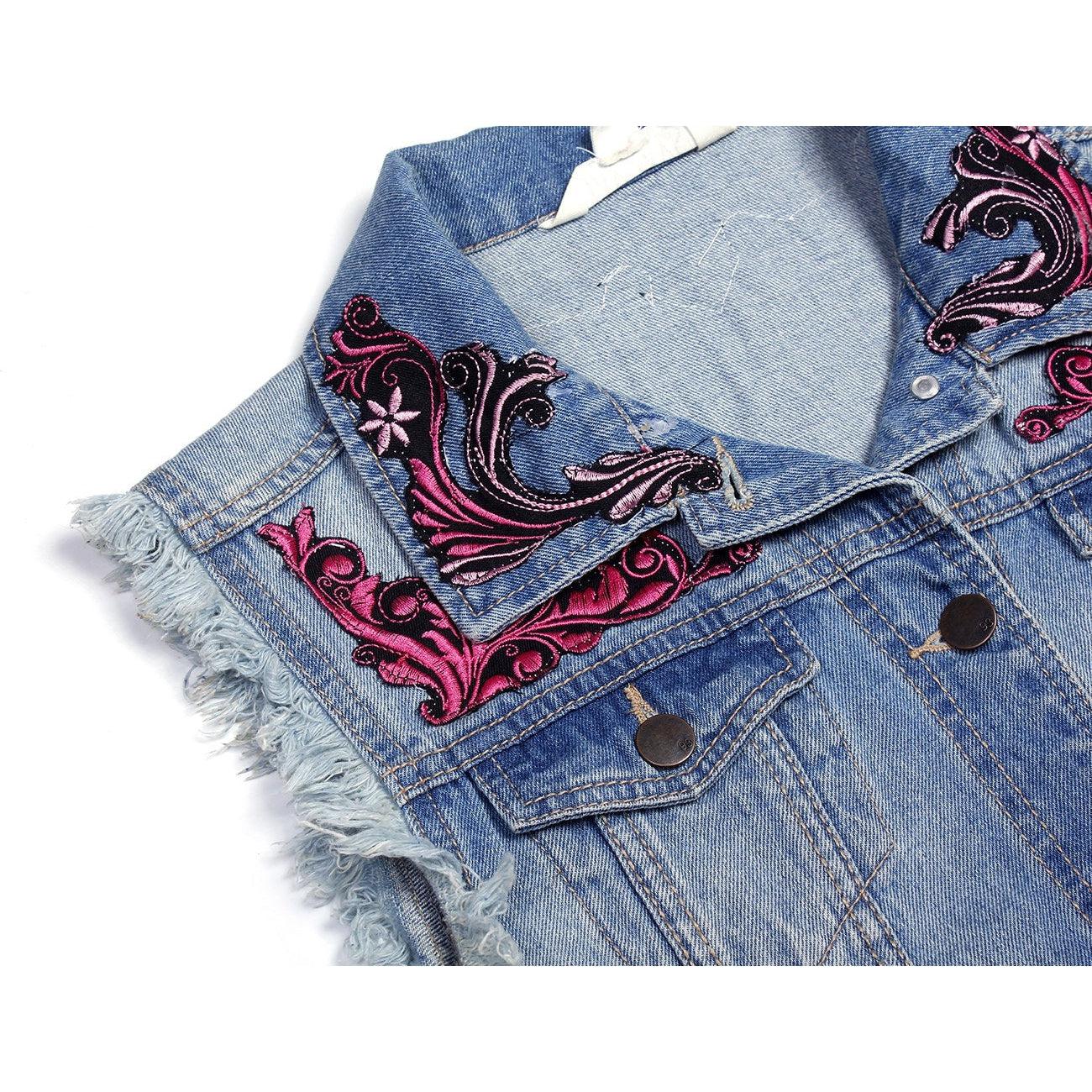 One of Kind Demin Embroidered Vest with Upcycled Hmong Fabrics - Thailand Apparel La Vie Bien One of Kind Demin Embroidered Vest with Upcycled Hmong Fabrics - Thailand