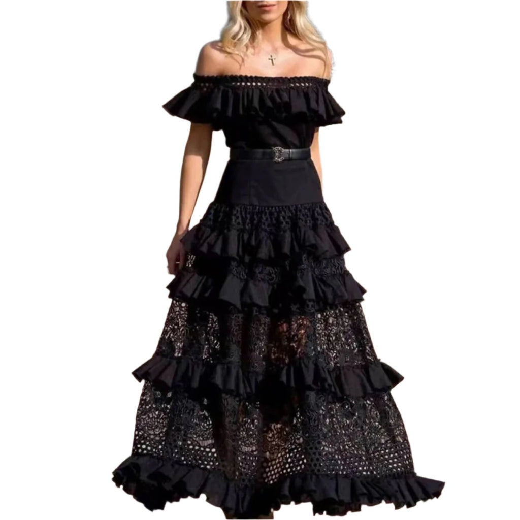 One - Shoulder Ruffled Hollow Swing Lace Patchwork Long Dress in Black or White [Size SM - L]