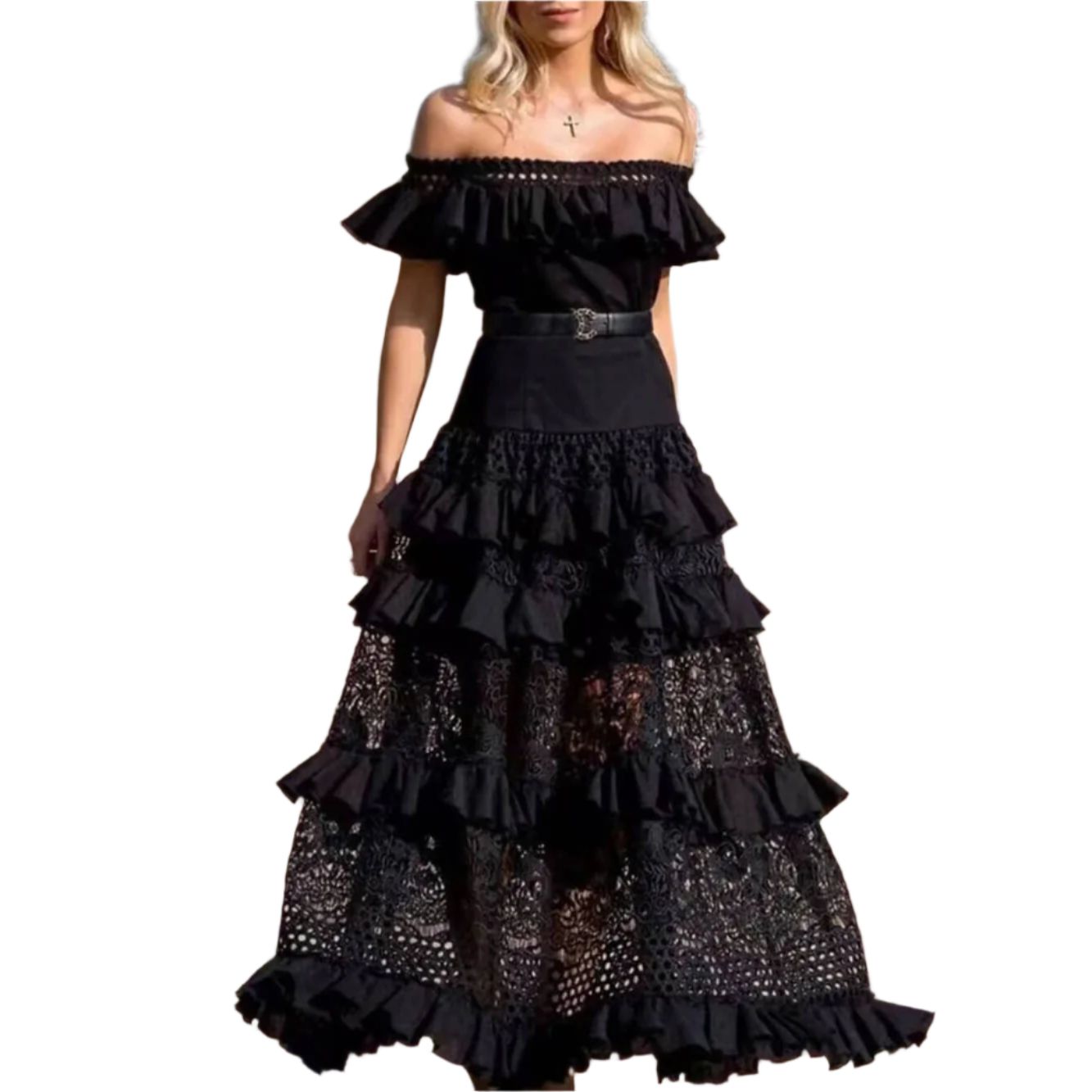 One - Shoulder Ruffled Hollow Swing Lace Patchwork Long Dress in Black or White [Size SM - L]