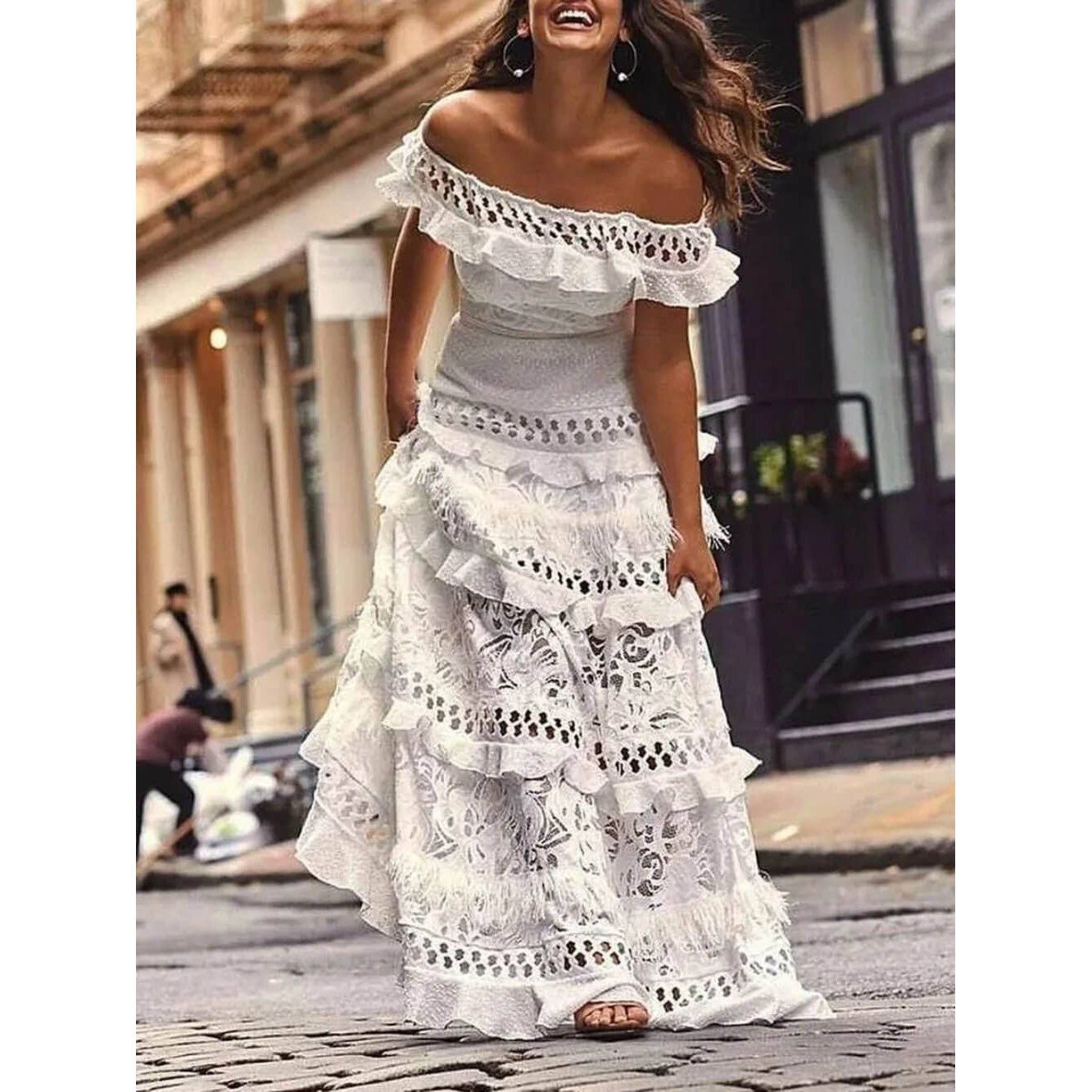One - Shoulder Ruffled Hollow Swing Lace Patchwork Long Dress in Black or White [Size SM - L]