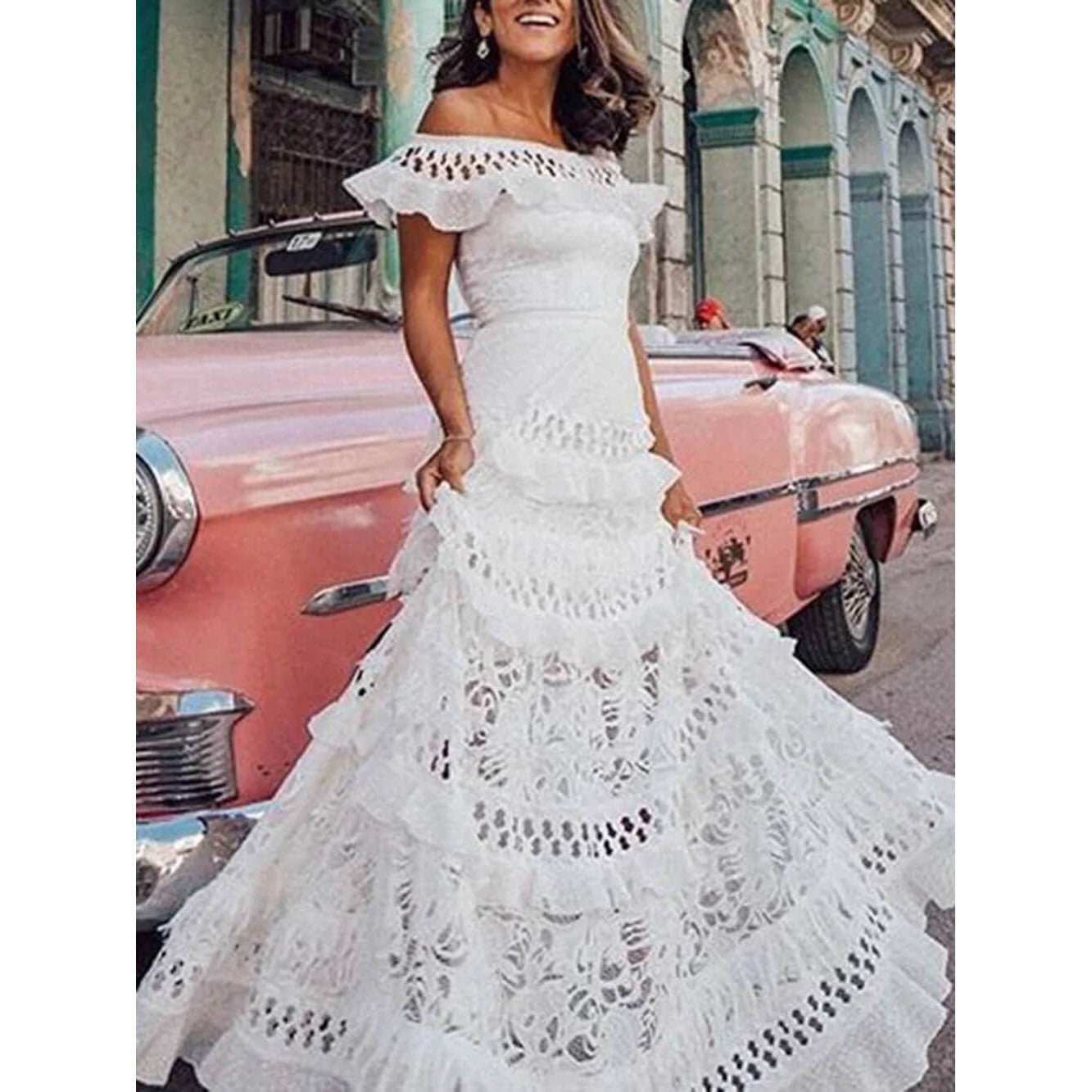 One - Shoulder Ruffled Hollow Swing Lace Patchwork Long Dress in Black or White [Size SM - L]