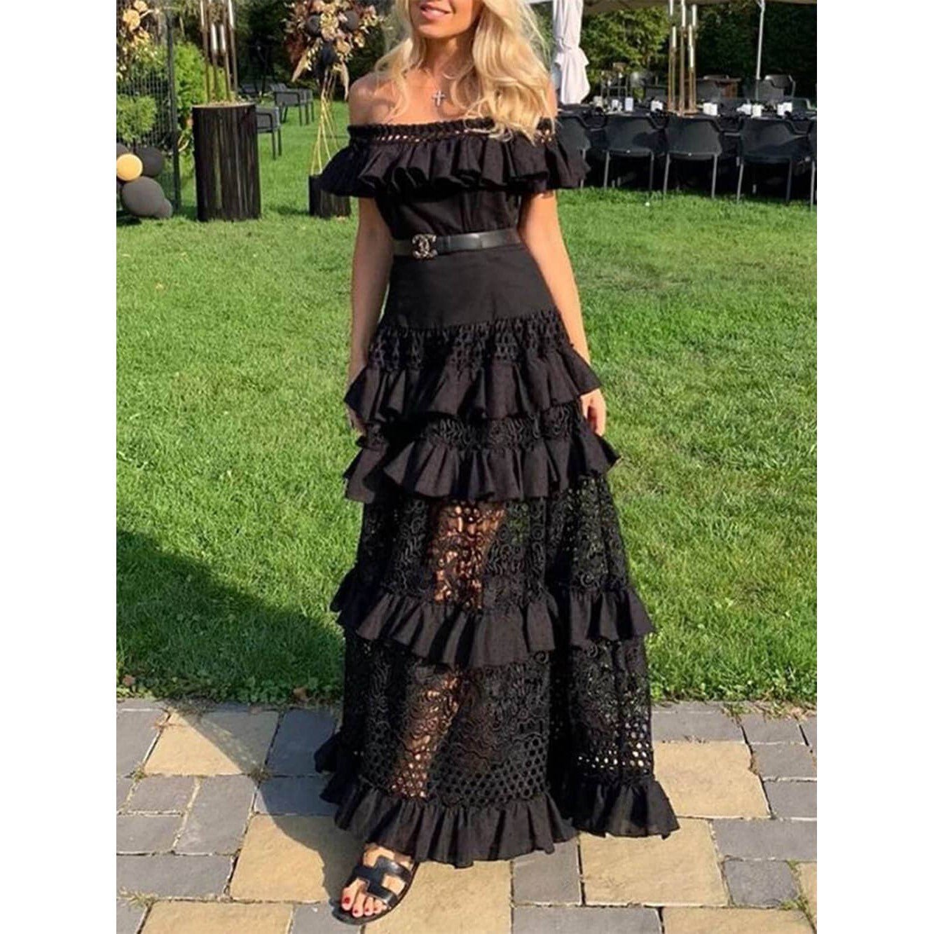 One - Shoulder Ruffled Hollow Swing Lace Patchwork Long Dress in Black or White [Size SM - L]