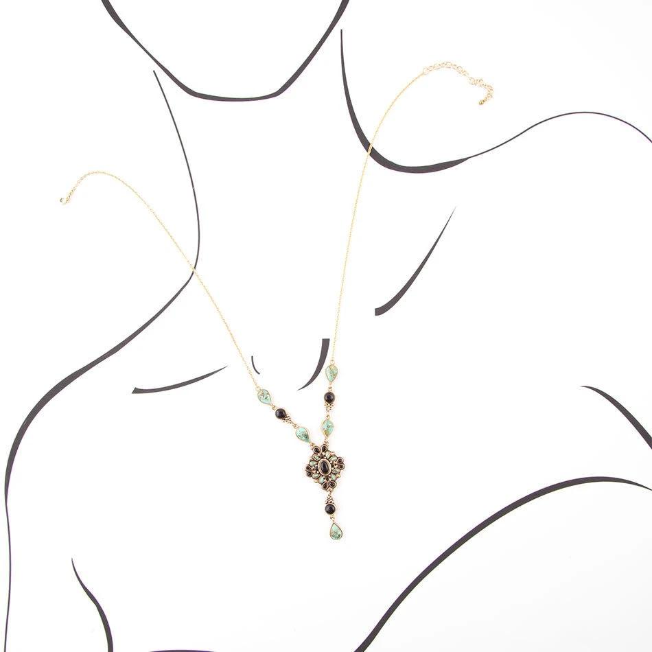 Barcelona Black Onyx and Blue Turquoise Golden Y-Necklace by Barse Jewelry