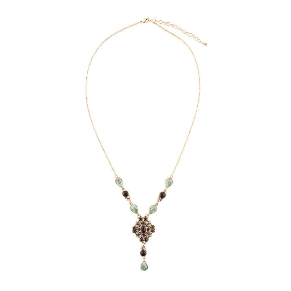 Barcelona Black Onyx and Blue Turquoise Golden Y-Necklace by Barse Jewelry