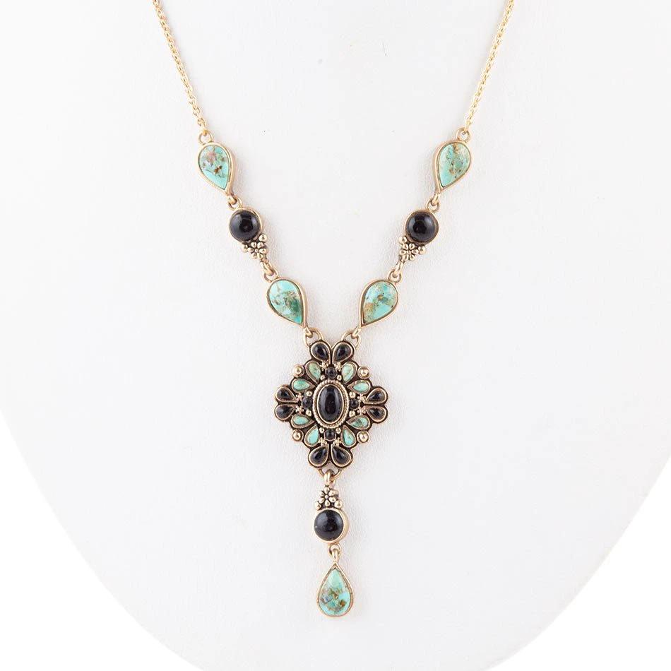 Barcelona Black Onyx and Blue Turquoise Golden Y-Necklace by Barse Jewelry