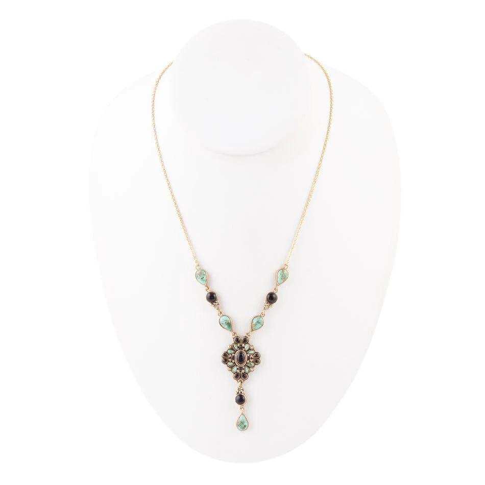 Barcelona Black Onyx and Blue Turquoise Golden Y-Necklace by Barse Jewelry