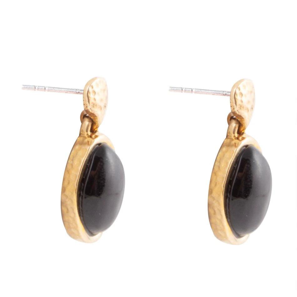 Black Onyx Hammered Post Drop Golden Earrings by Barse Jewelry