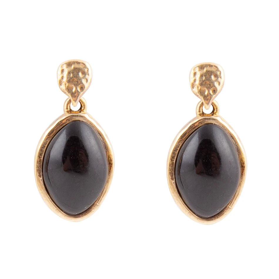 Black Onyx Hammered Post Drop Golden Earrings by Barse Jewelry