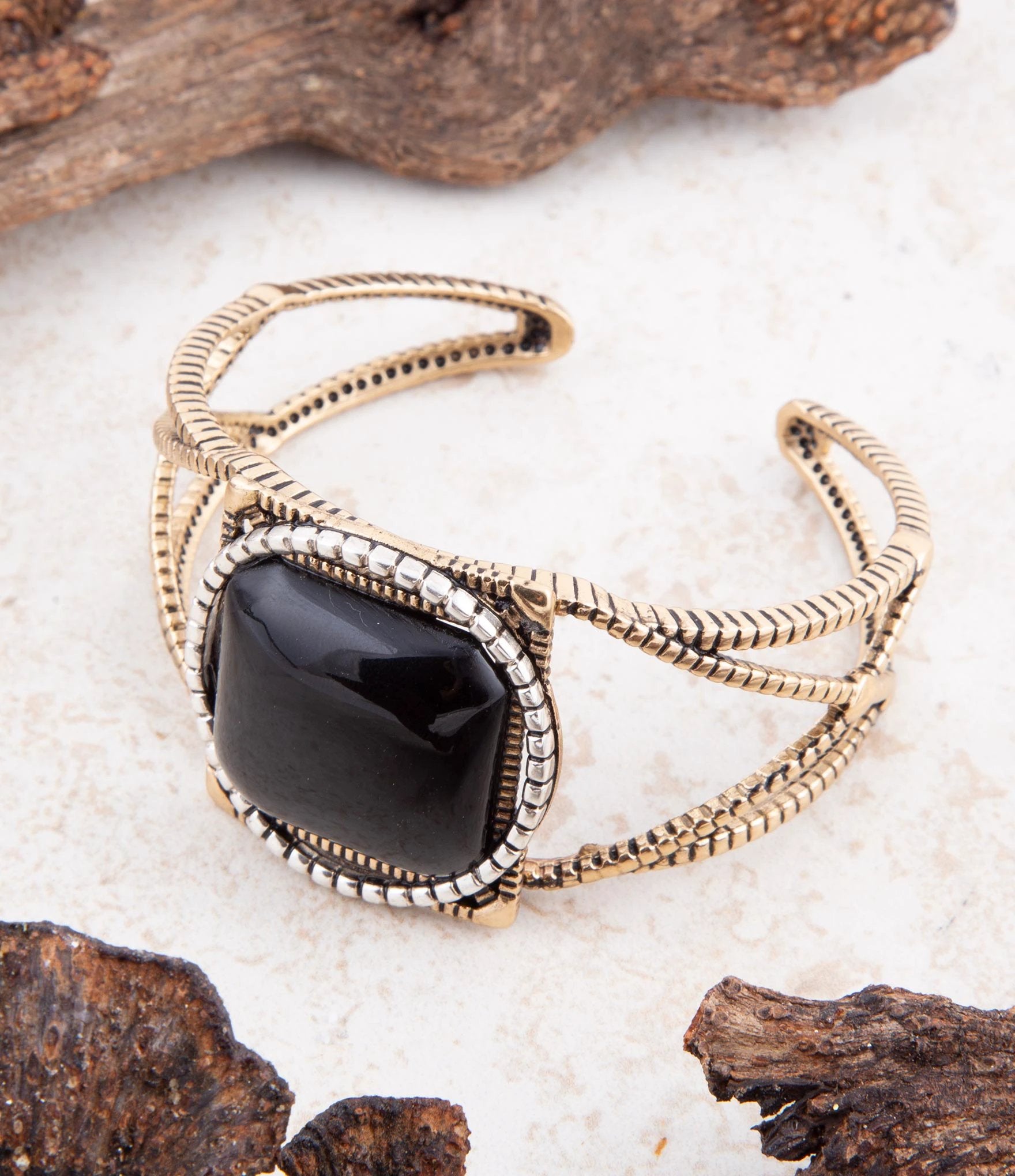 Onyx Mixed Metal Golden Cuff Bracelet by Barse Jewelry