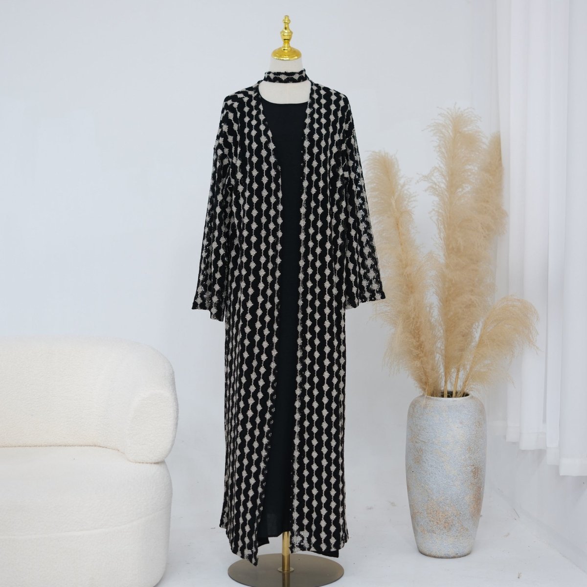 Openwork Lace Knit Open Abaya(MOA327)