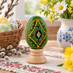 Green Diamond Hand Painted Wooden Pysanky Easter Egg