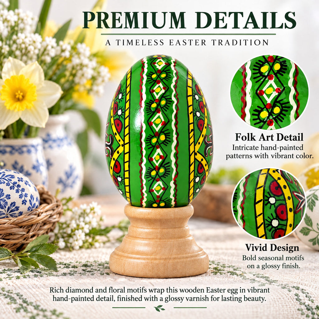 Green Diamond Hand Painted Wooden Pysanky Easter Egg