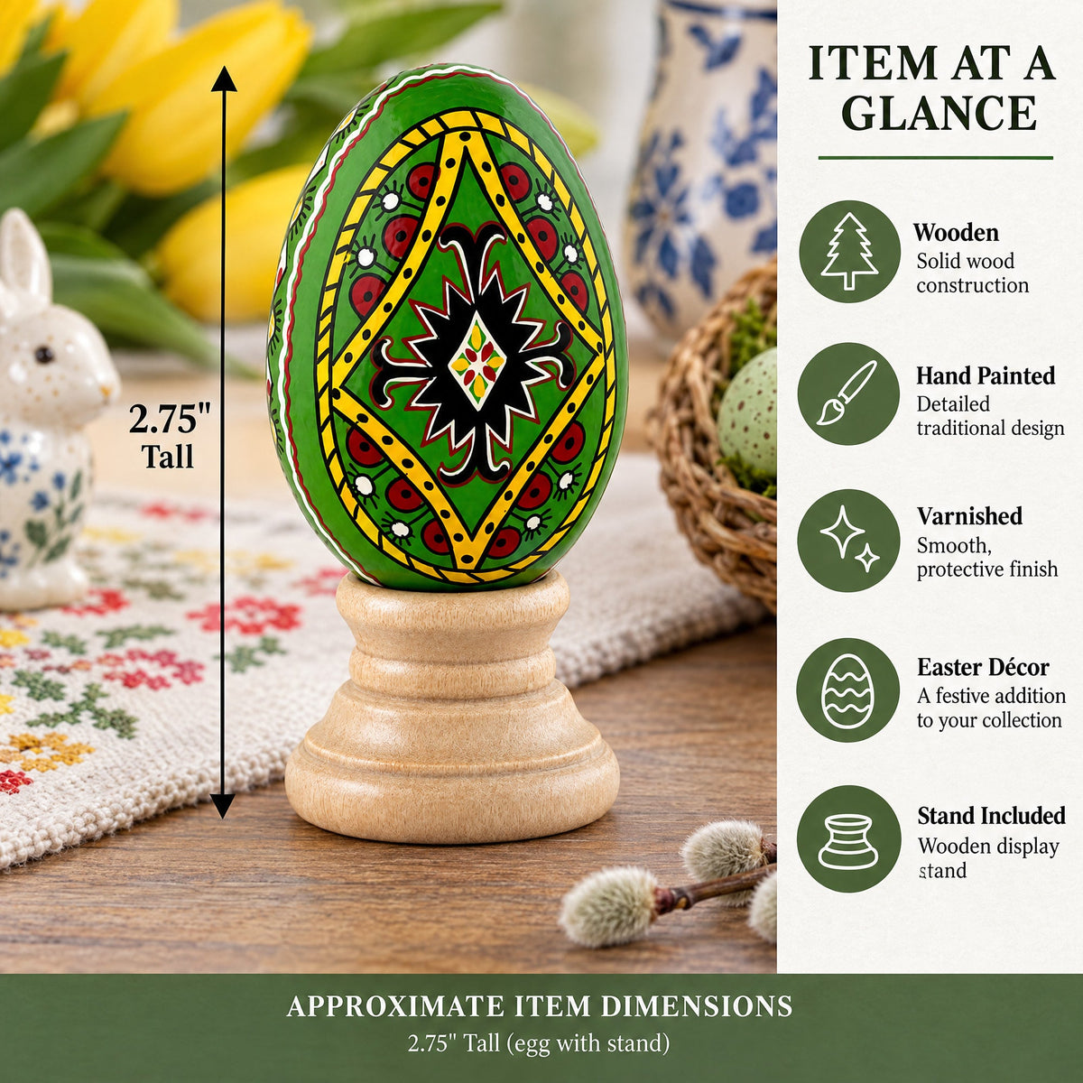 Green Diamond Hand Painted Wooden Pysanky Easter Egg