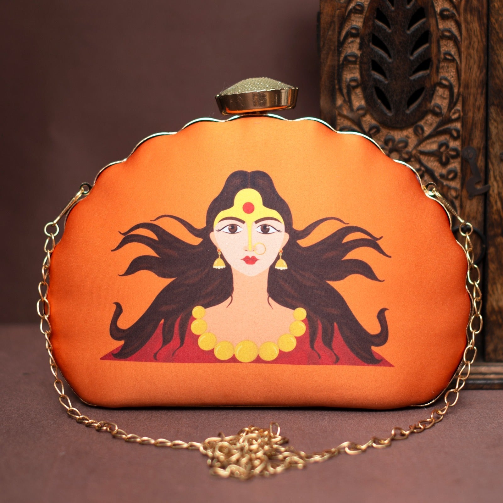 Orange Durga Printed D-Shape Clutch La Vie Bien Orange Durga Printed D-Shape Clutch