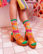 Orange Floral Sheer Crew Sock by Sock Candy