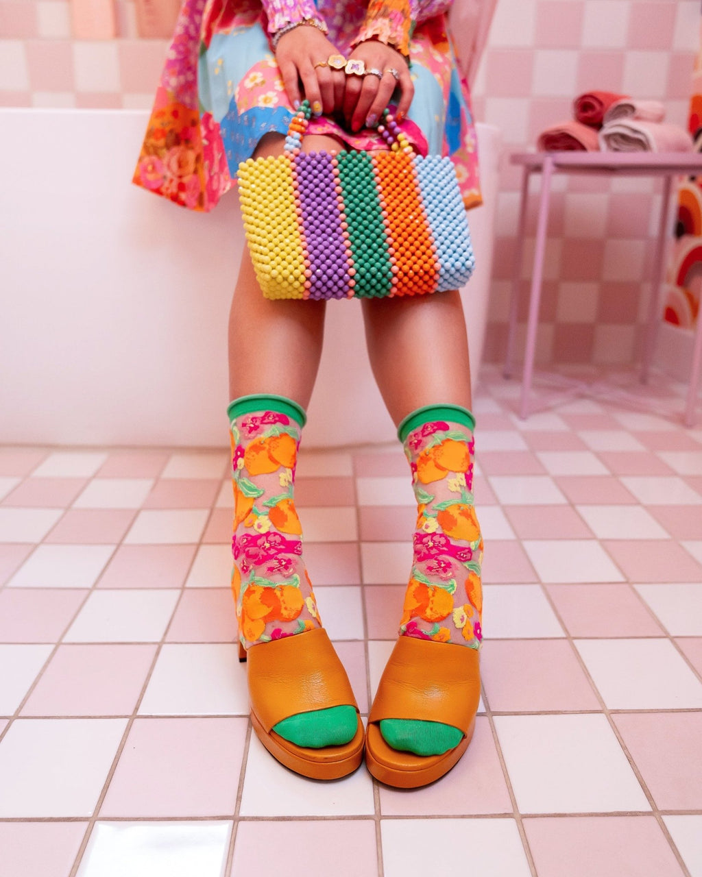 Orange Floral Sheer Crew Sock