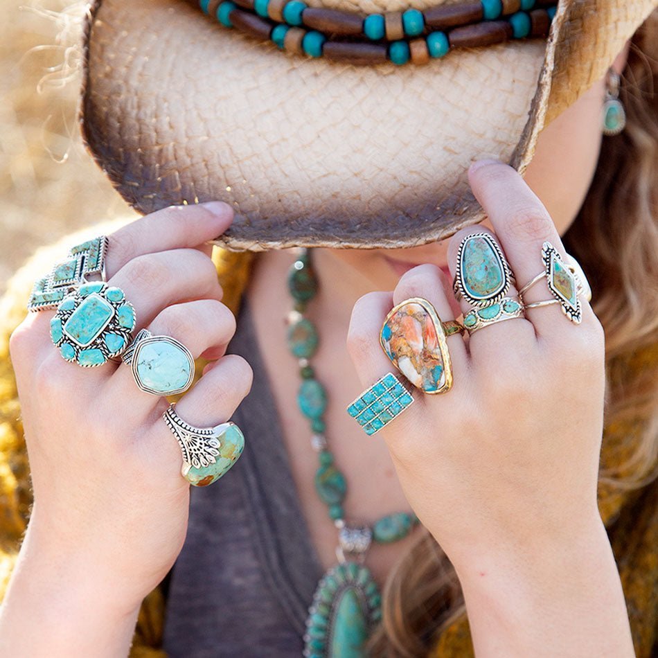 Orange Spiny Oyster and Blue Turquoise Matrix Abstract Golden Ring Rings La Vie Bien Orange Spiny Oyster and Blue Turquoise Matrix Abstract Golden Ring