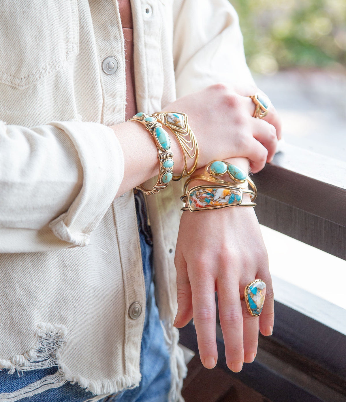 Orange Spiny Oyster and Blue Turquoise Matrix Abstract Golden Ring Rings La Vie Bien Orange Spiny Oyster and Blue Turquoise Matrix Abstract Golden Ring