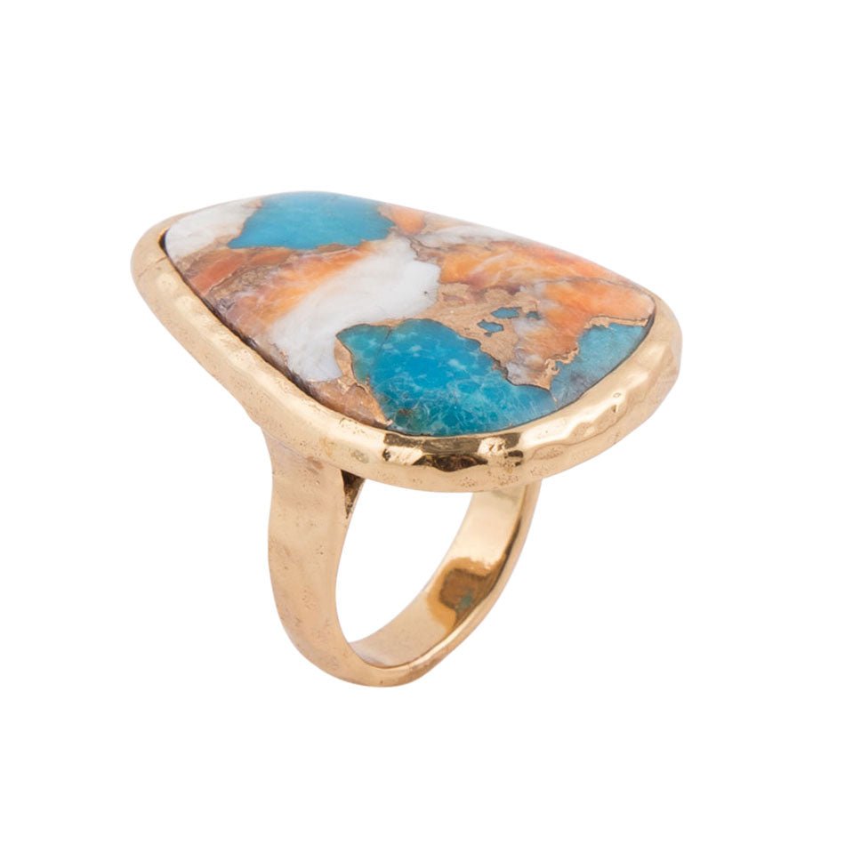 Orange Spiny Oyster and Blue Turquoise Matrix Abstract Golden Ring Rings La Vie Bien Orange Spiny Oyster and Blue Turquoise Matrix Abstract Golden Ring