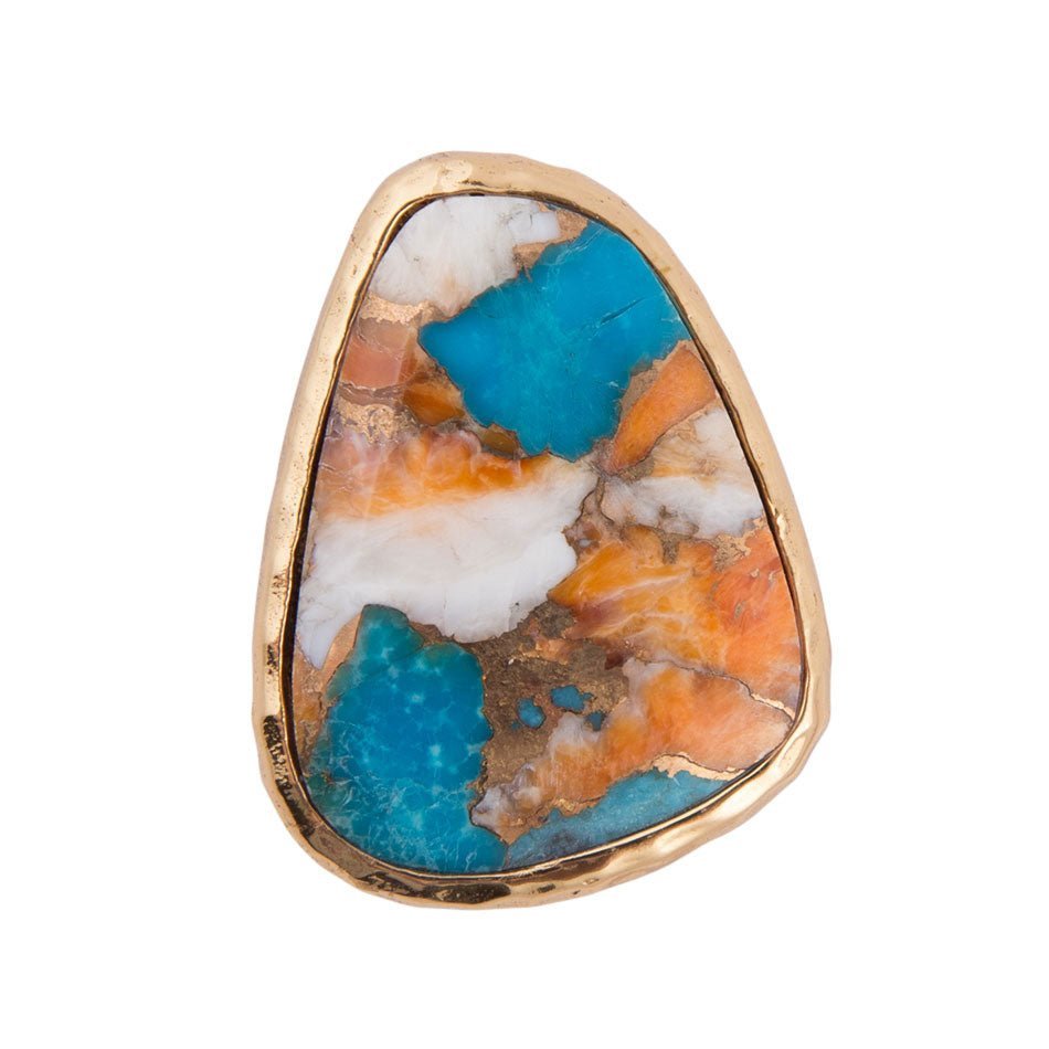 Orange Spiny Oyster and Blue Turquoise Matrix Abstract Golden Ring Rings La Vie Bien Orange Spiny Oyster and Blue Turquoise Matrix Abstract Golden Ring