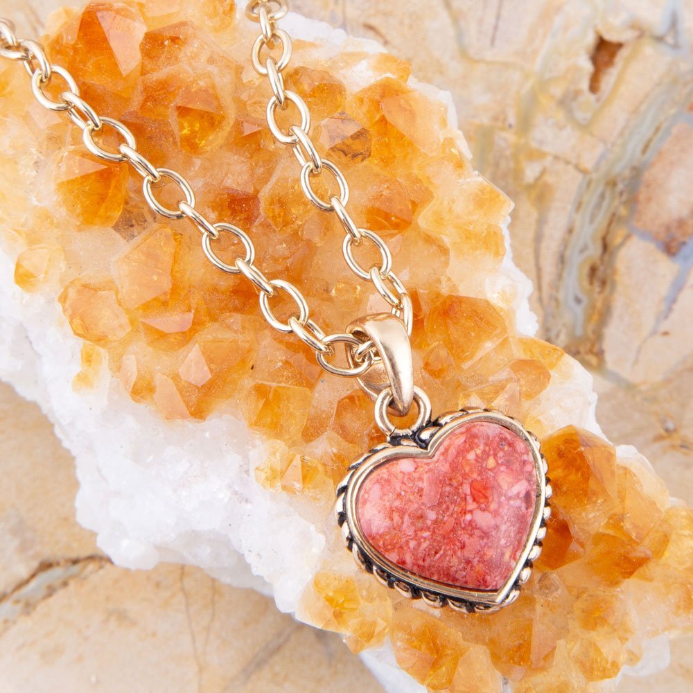Orange Sponge Coral Heart Pendant and Golden Bronze Necklace Necklaces La Vie Bien Orange Sponge Coral Heart Pendant and Golden Bronze Necklace