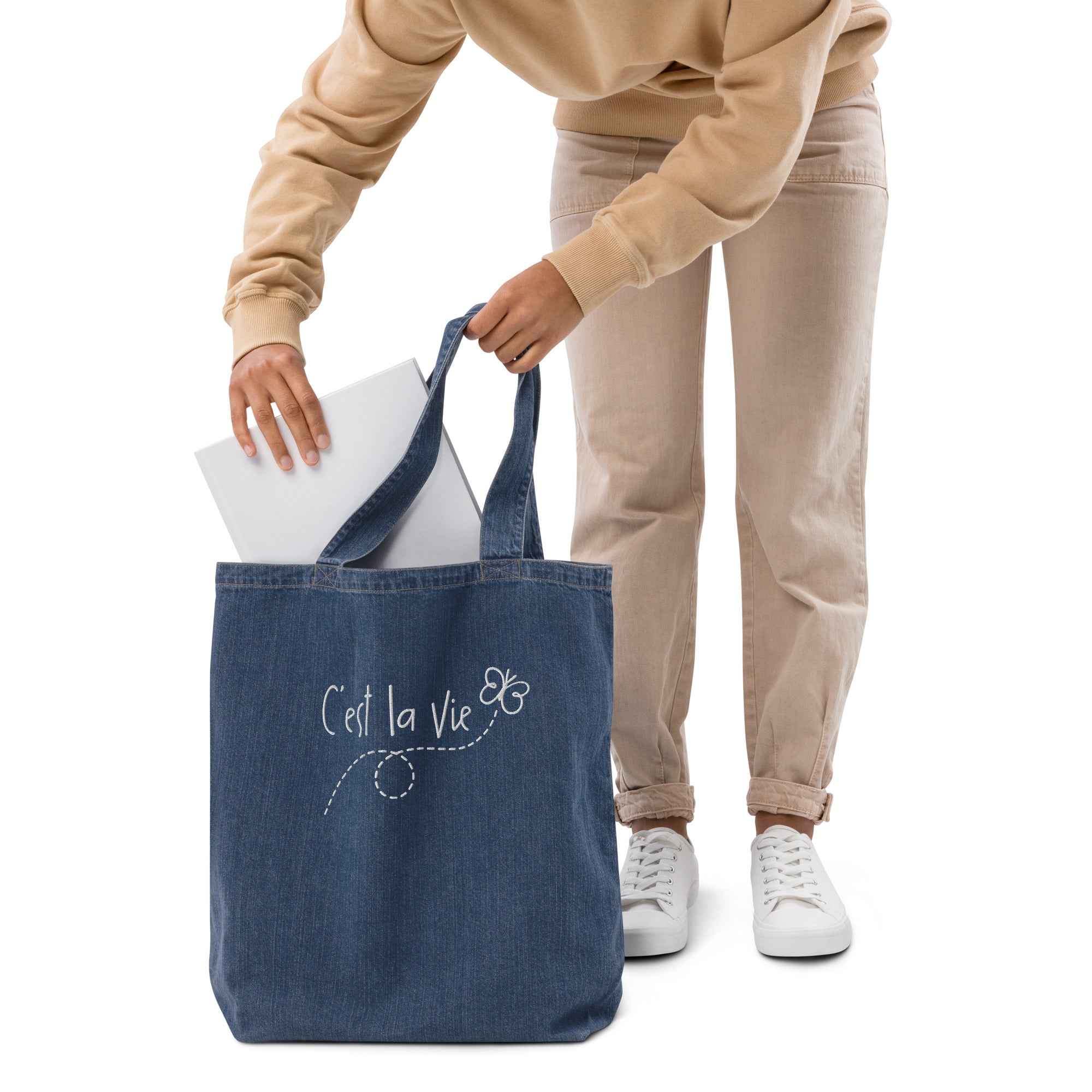 C'est la vie embroidered Organic denim tote bag