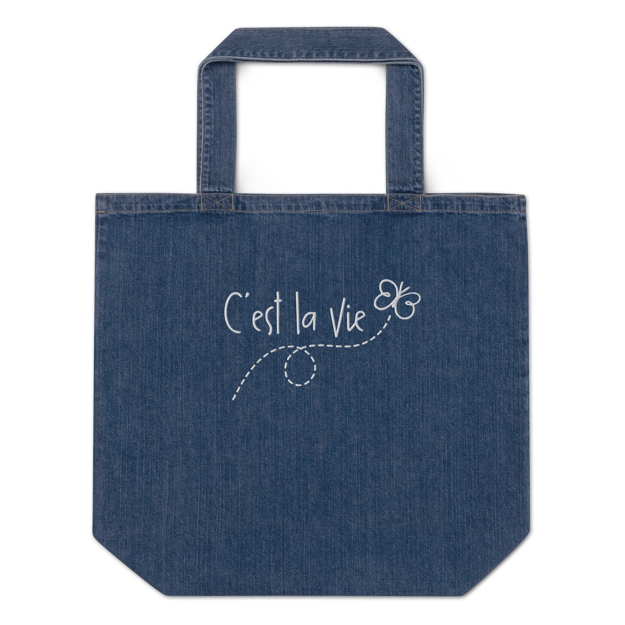 C'est la vie embroidered Organic denim tote bag