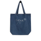 C'est la vie embroidered Organic denim tote bag by La Vie Bien