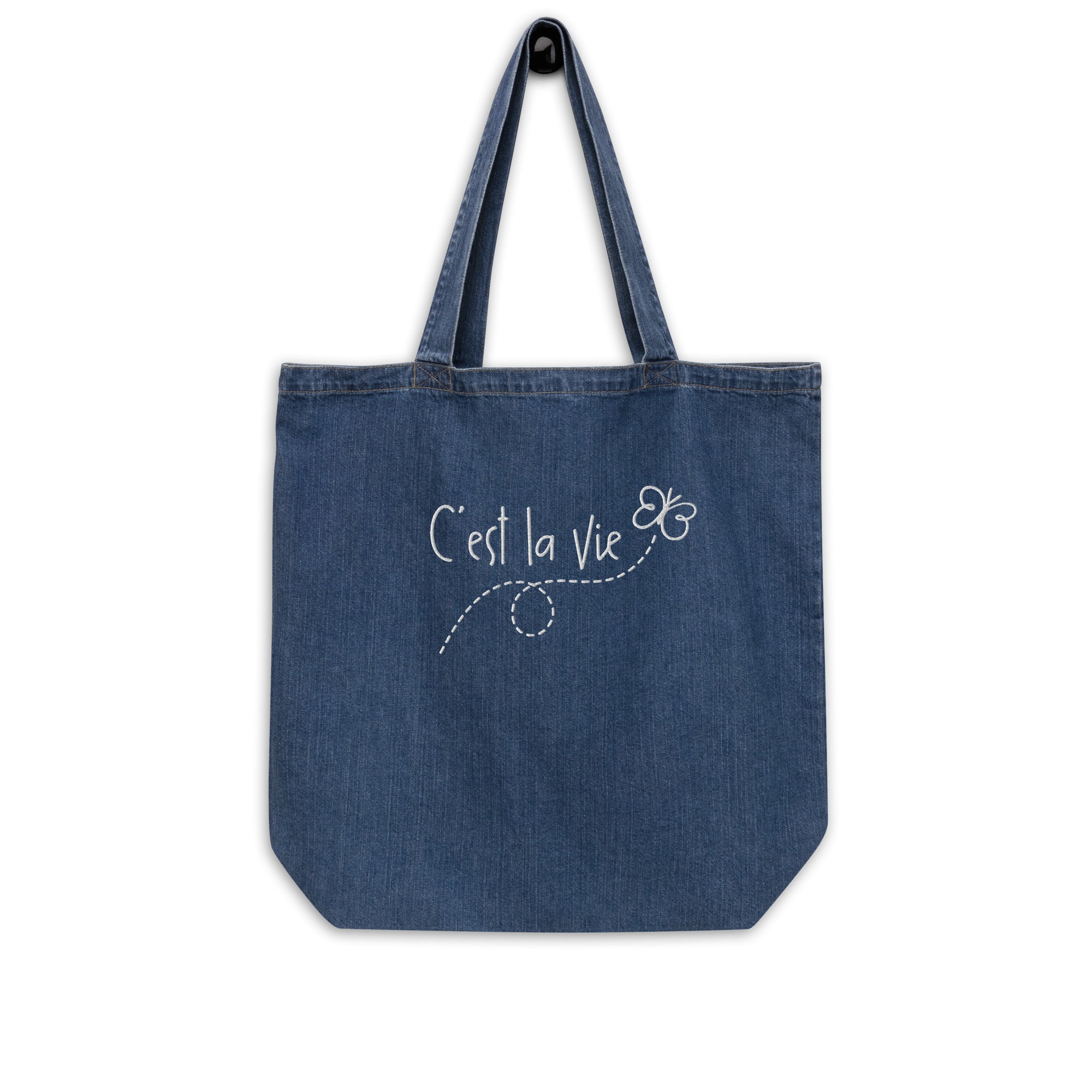 C'est la vie embroidered Organic denim tote bag