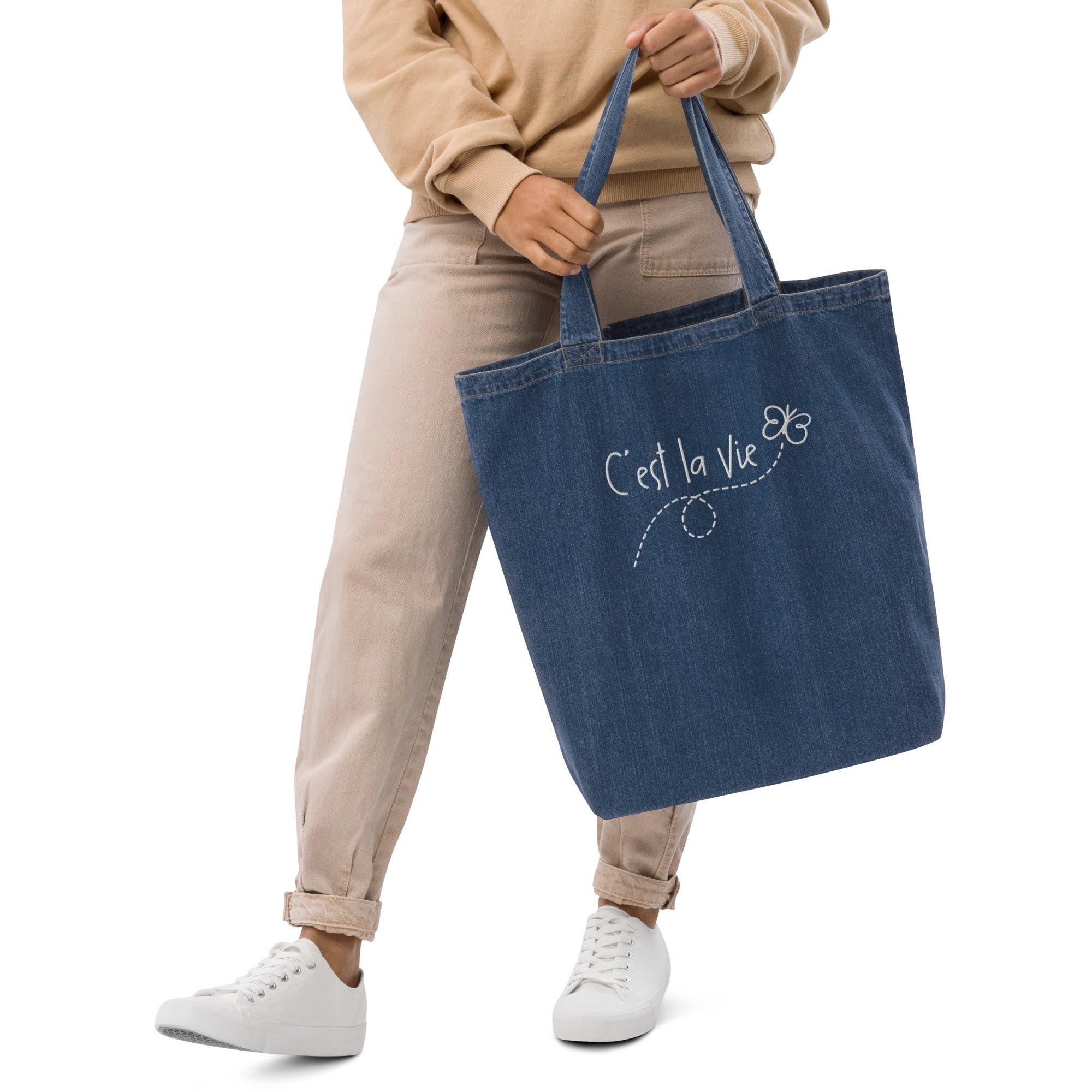 C'est la vie embroidered Organic denim tote bag