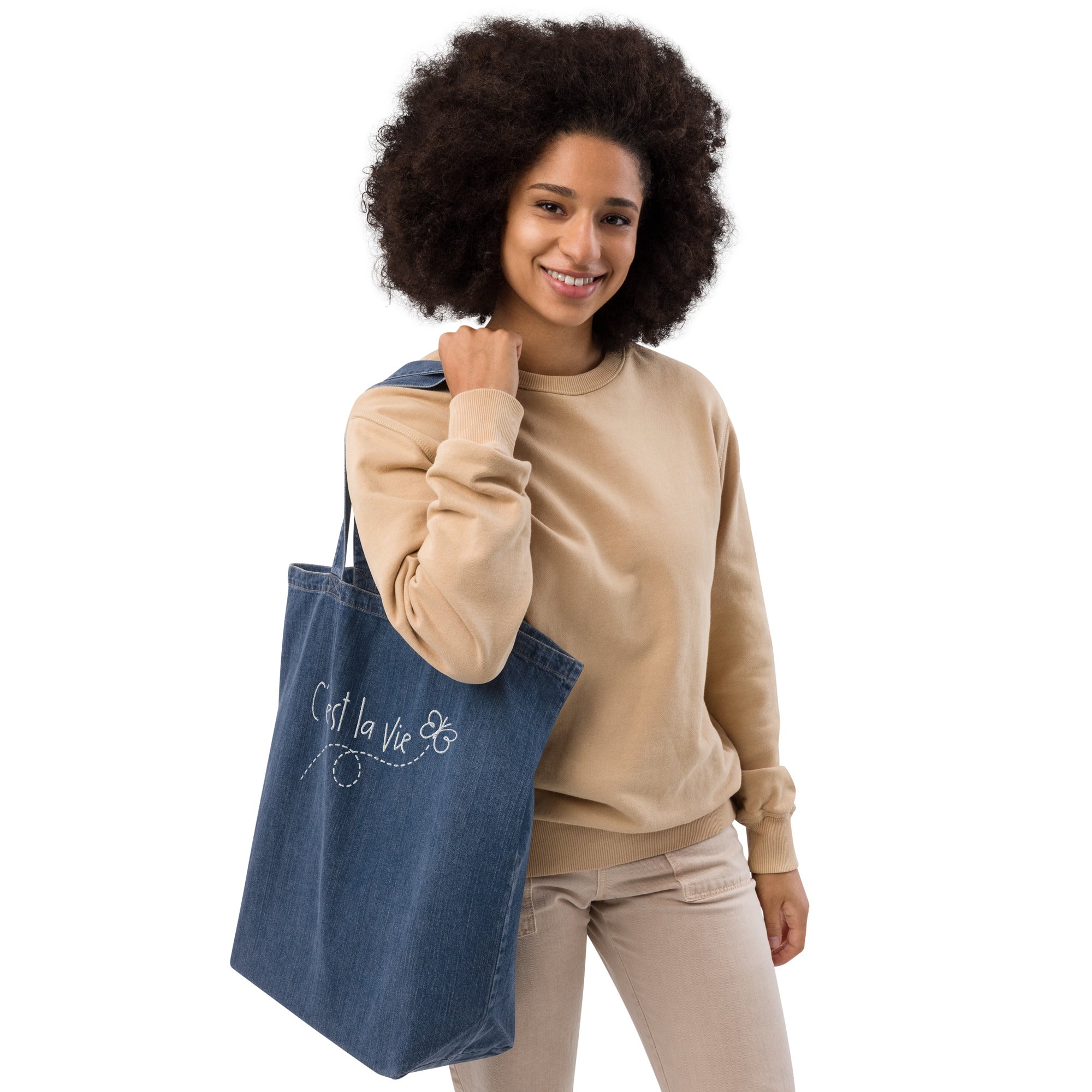 C'est la vie embroidered Organic denim tote bag