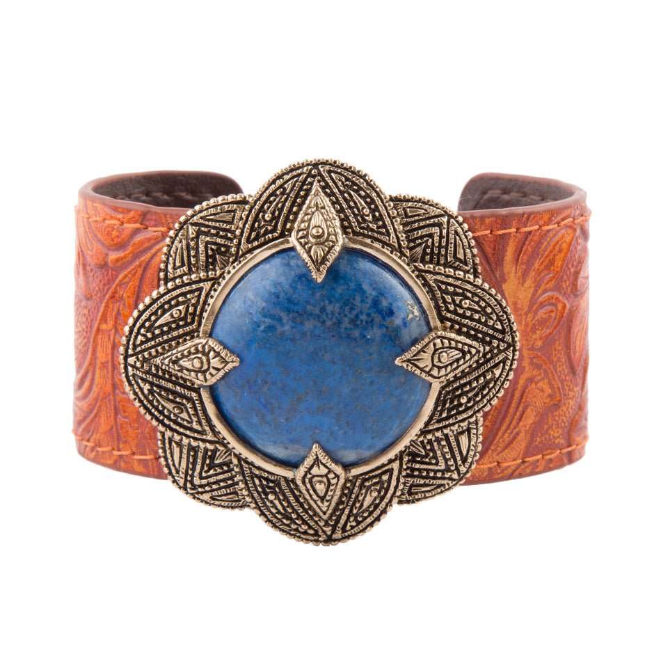 Ornate Blue Lapis Golden Leather Cuff Bracelet Bracelets La Vie Bien Ornate Blue Lapis Golden Leather Cuff Bracelet