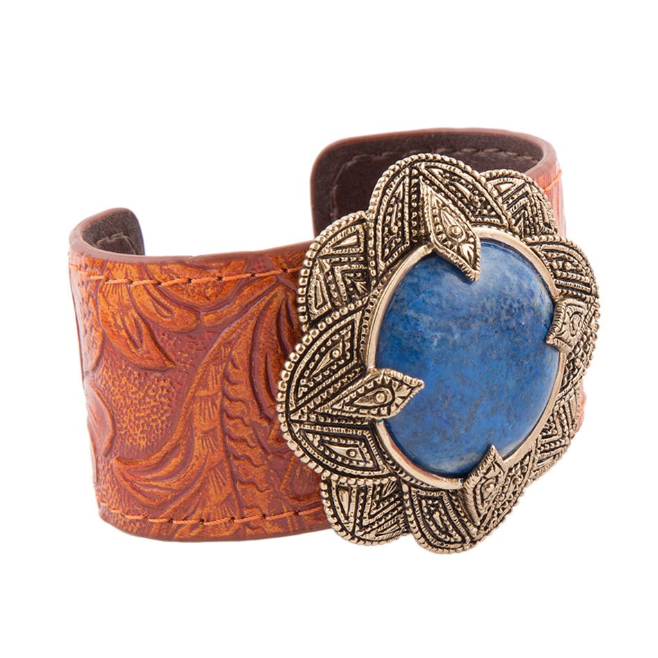 Ornate Blue Lapis Golden Leather Cuff Bracelet Bracelets La Vie Bien Ornate Blue Lapis Golden Leather Cuff Bracelet