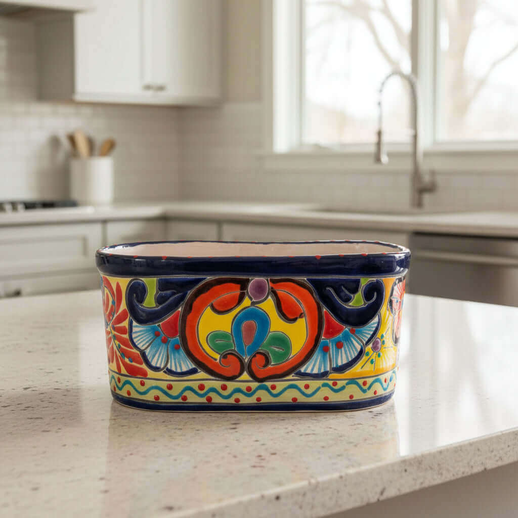 Oval Blue Rim Talavera Planter | Handcrafted Mexican Pot Talavera Flower Pot La Vie Bien Oval Blue Rim Talavera Planter | Handcrafted Mexican Pot