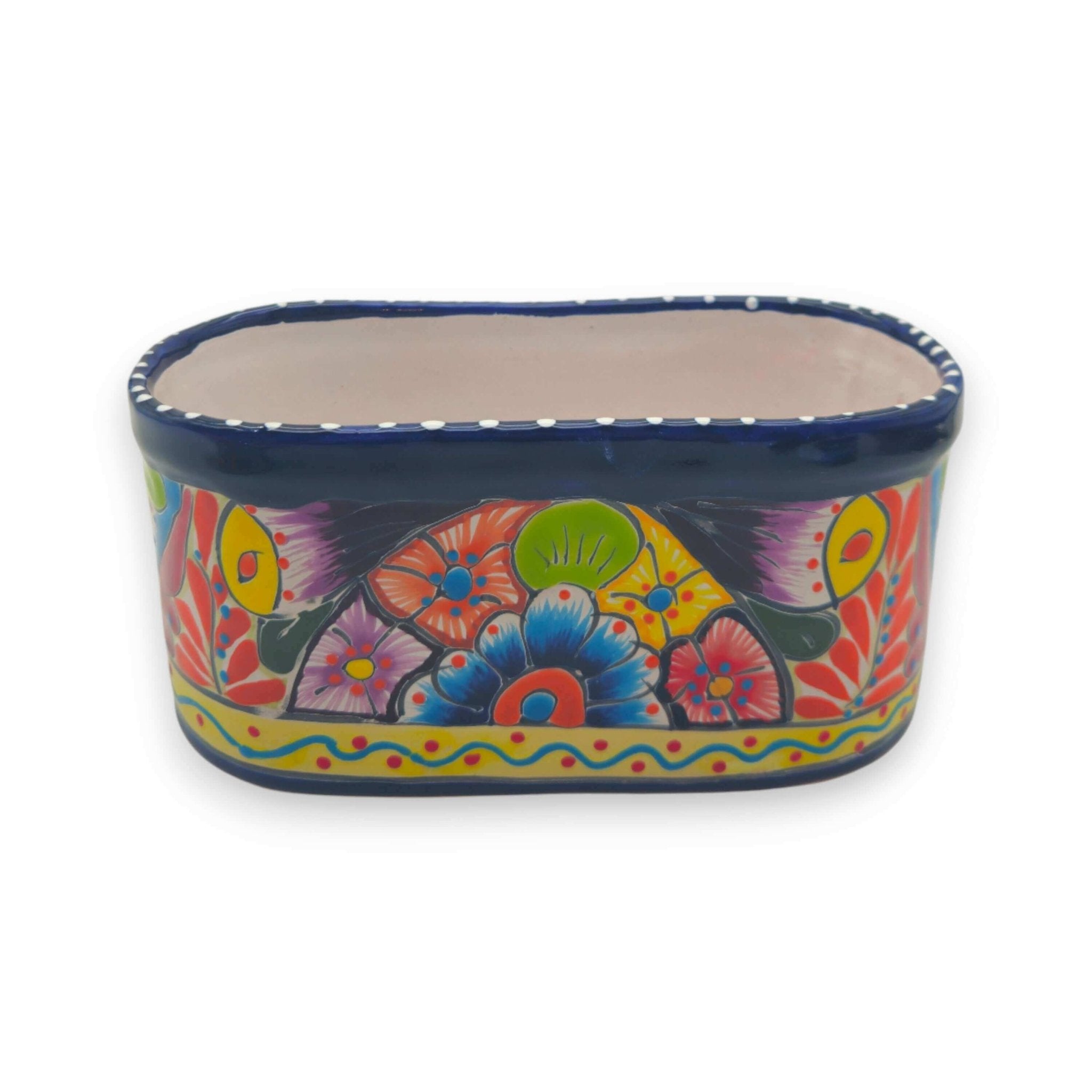 Oval Blue Rim Talavera Planter | Handcrafted Mexican Pot Talavera Flower Pot La Vie Bien Oval Blue Rim Talavera Planter | Handcrafted Mexican Pot