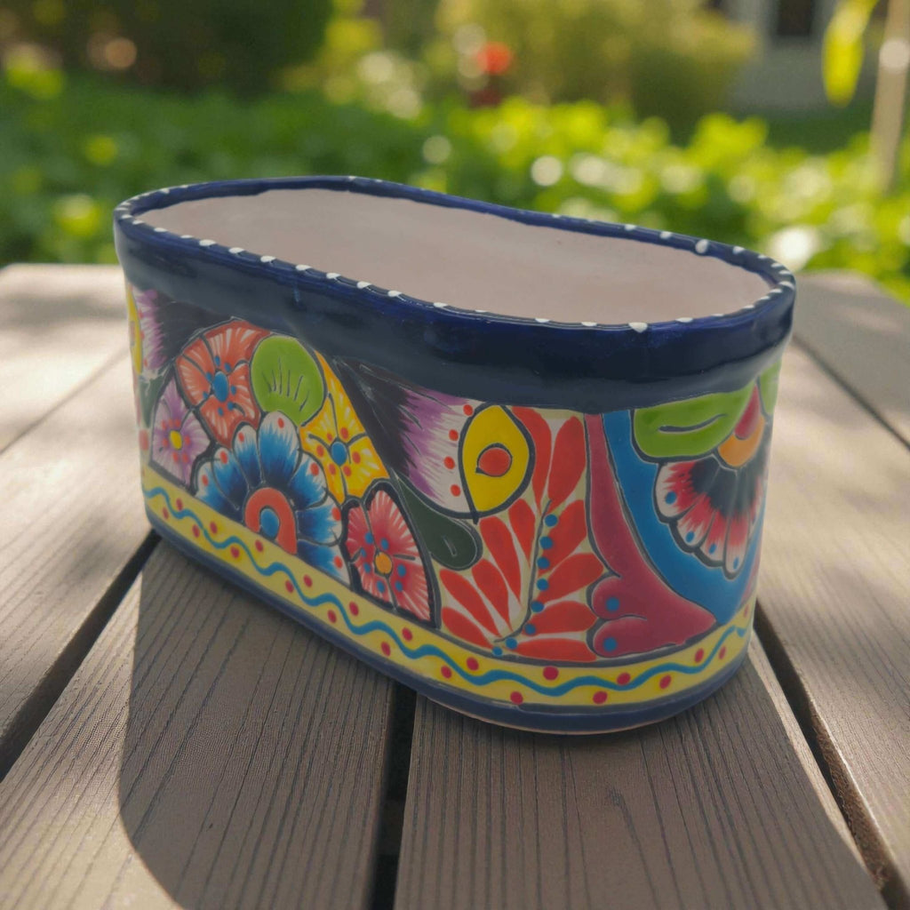 Oval Blue Rim Talavera Planter | Handcrafted Mexican Pot Talavera Flower Pot La Vie Bien Oval Blue Rim Talavera Planter | Handcrafted Mexican Pot