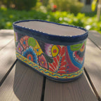 Oval Blue Rim Talavera Planter | Handcrafted Mexican Pot Talavera Flower Pot La Vie Bien Oval Blue Rim Talavera Planter | Handcrafted Mexican Pot