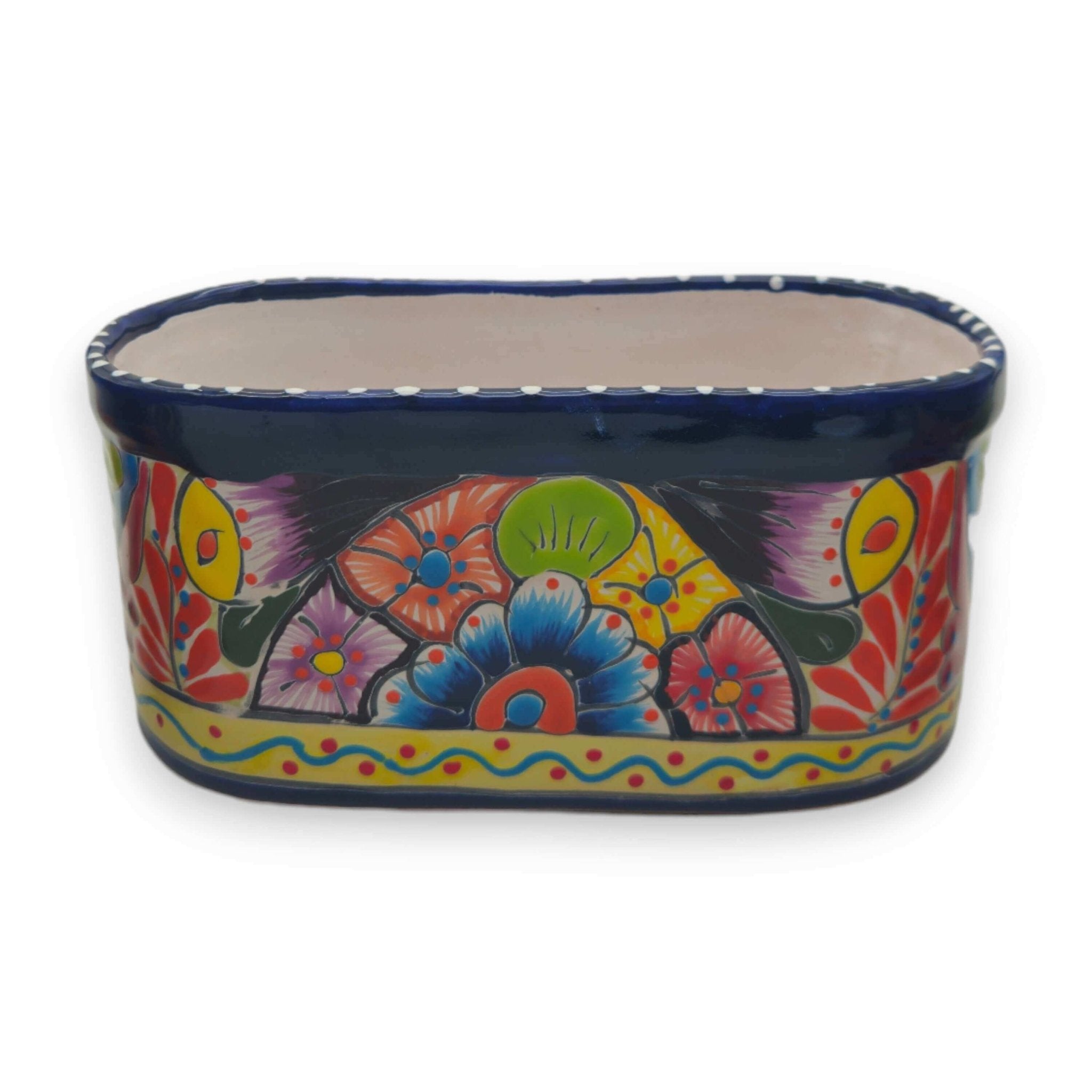 Oval Blue Rim Talavera Planter | Handcrafted Mexican Pot Talavera Flower Pot La Vie Bien Oval Blue Rim Talavera Planter | Handcrafted Mexican Pot