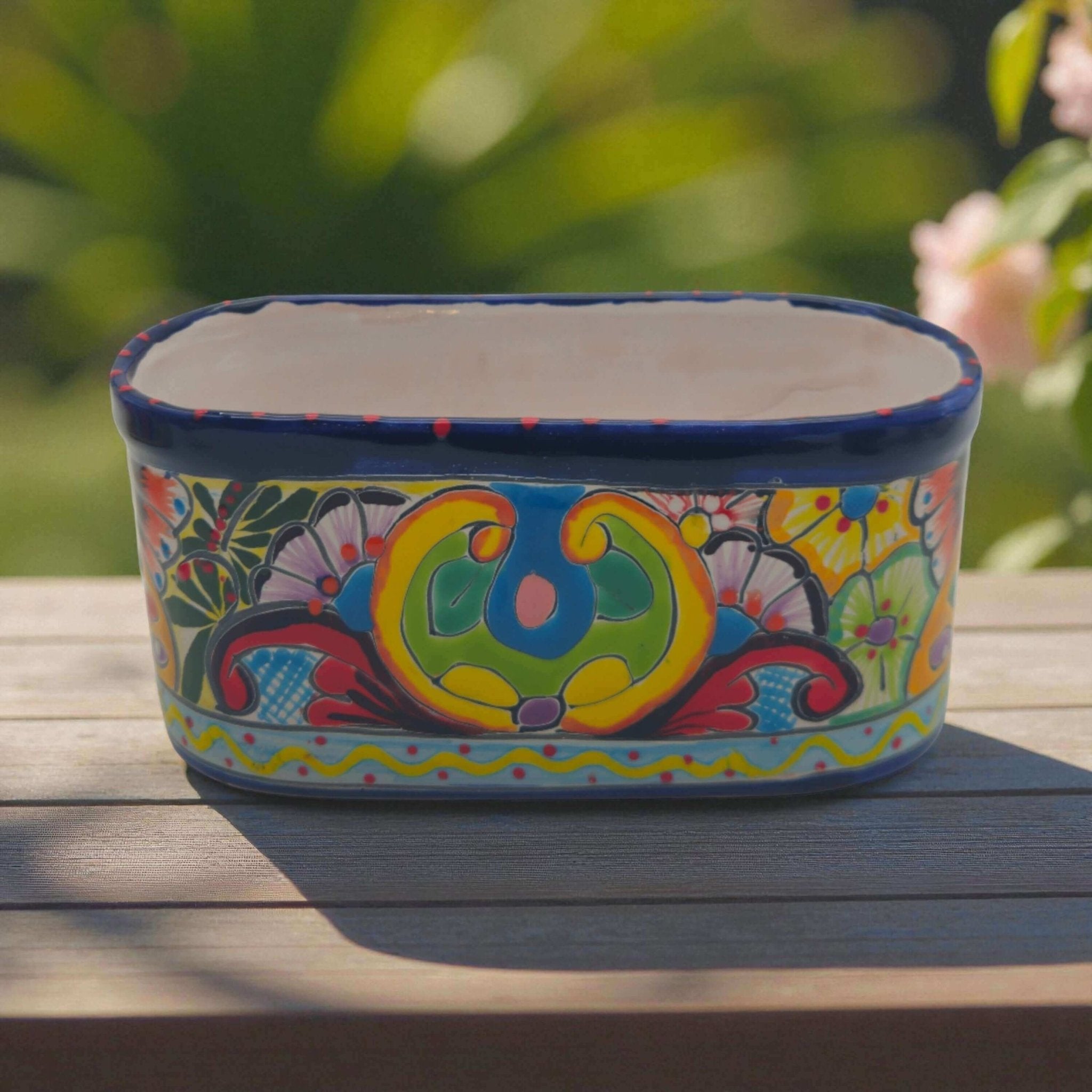 Oval Blue Rim Talavera Planter | Handcrafted Mexican Pot Talavera Flower Pot La Vie Bien Oval Blue Rim Talavera Planter | Handcrafted Mexican Pot