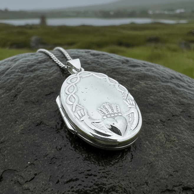 Oval Claddagh Locket Necklace in Sterling Silver Locket La Vie Bien Oval Claddagh Locket Necklace in Sterling Silver