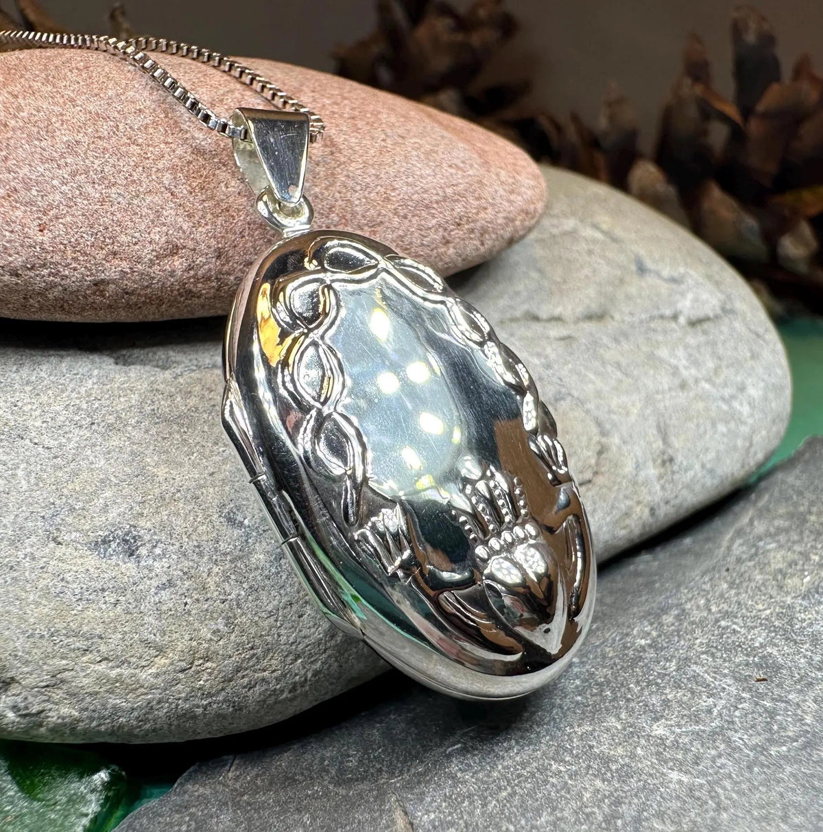 Oval Claddagh Locket Necklace in Sterling Silver Locket La Vie Bien Oval Claddagh Locket Necklace in Sterling Silver
