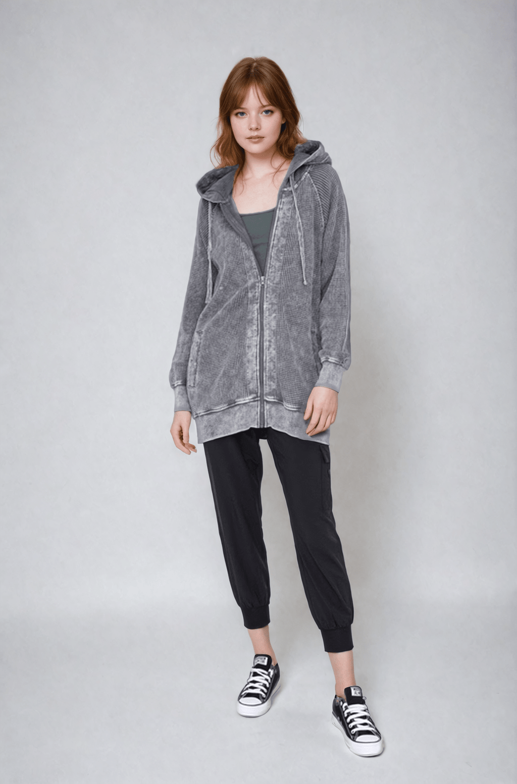 Oversized Waffle Knit Zip - Up Hoodie Clothing La Vie Bien Oversized Waffle Knit Zip - Up Hoodie