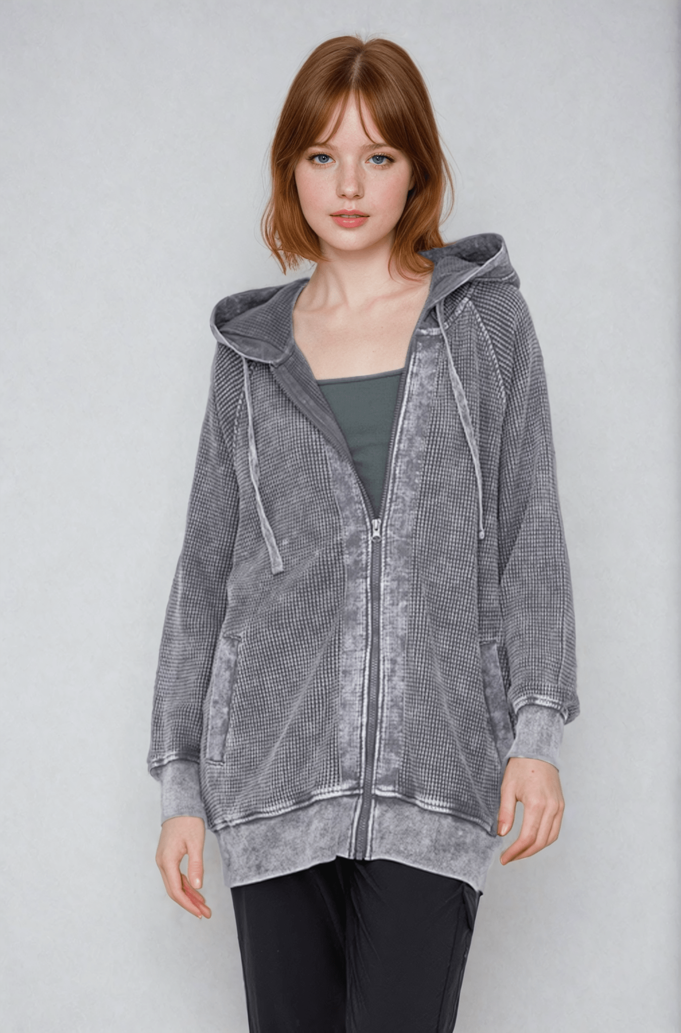 Oversized Waffle Knit Zip - Up Hoodie Clothing La Vie Bien Oversized Waffle Knit Zip - Up Hoodie