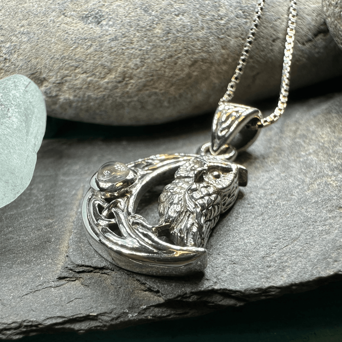 Owl Crescent Moon Necklace in Sterling Silver Pendant La Vie Bien Owl Crescent Moon Necklace in Sterling Silver