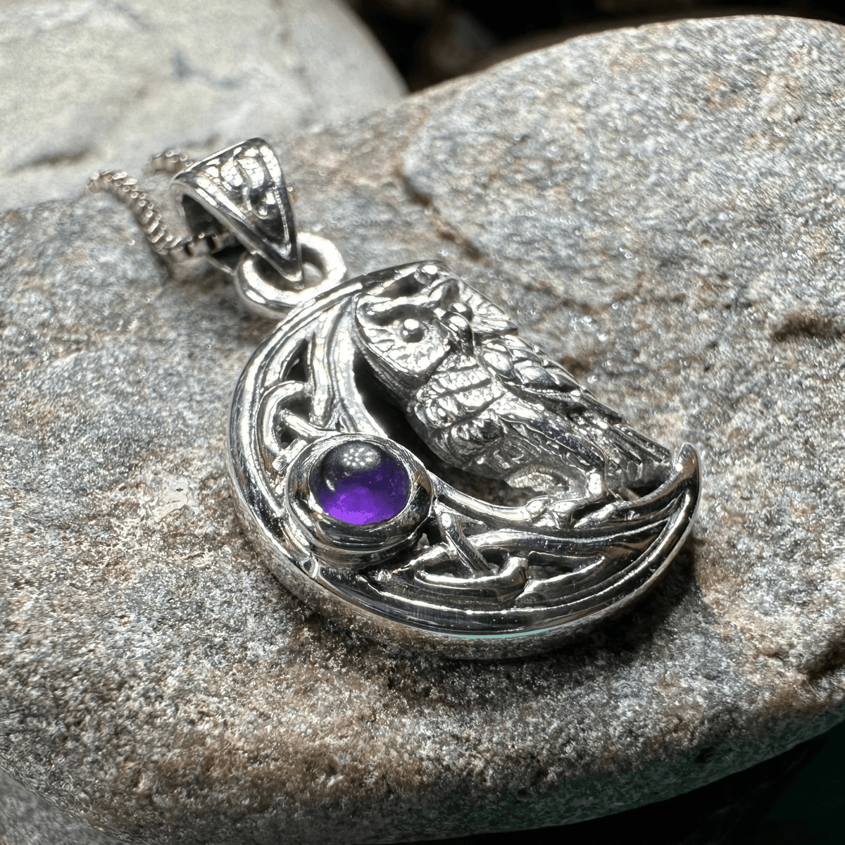 Owl Crescent Moon Necklace in Sterling Silver Pendant La Vie Bien Owl Crescent Moon Necklace in Sterling Silver